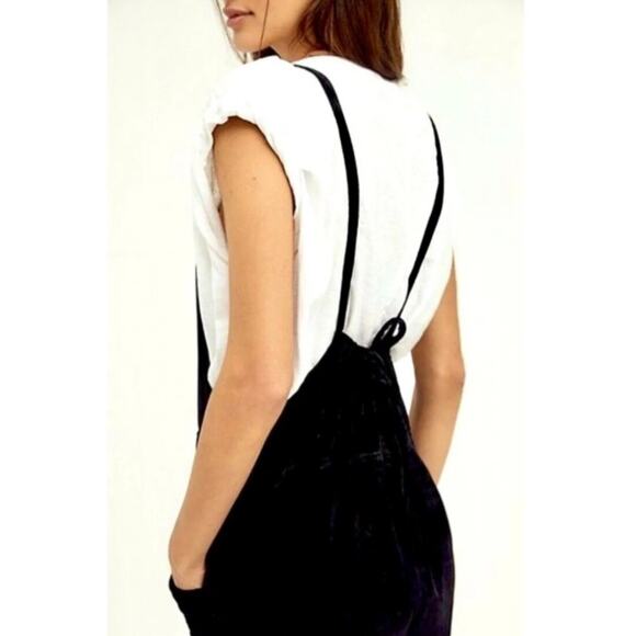 Free People Black Velvet Size S Wide Leg Drawstring Back Boho Weekender Overalls - Picture 5 of 12